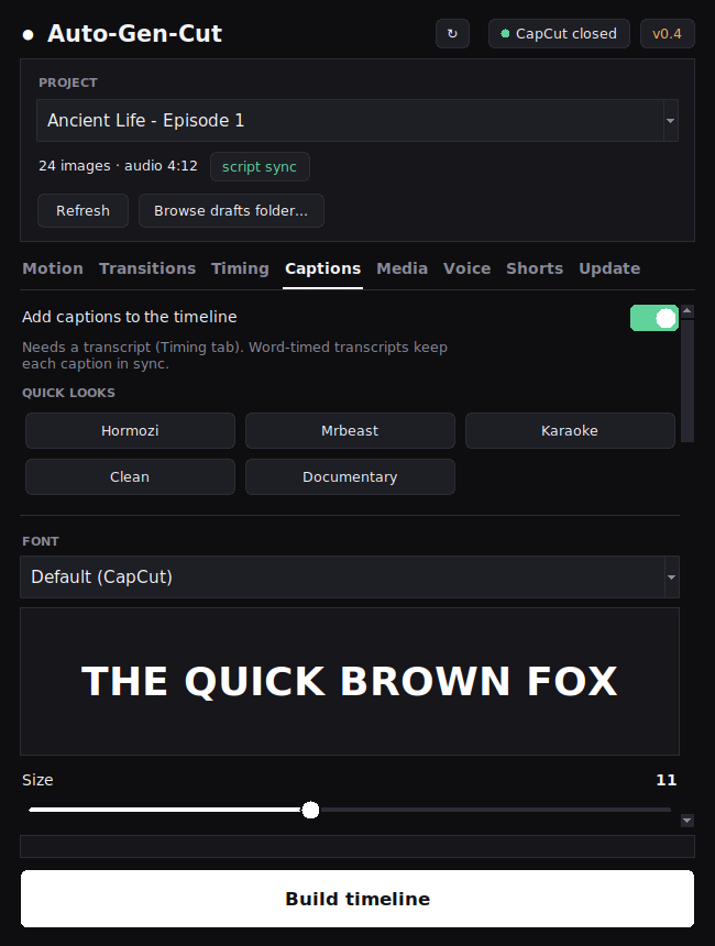 The Auto-Gen-Cut window showing the Captions tab with one-click caption looks