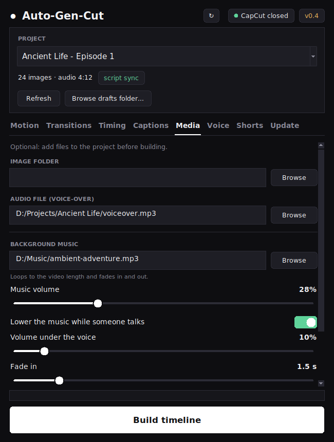 Media tab with a voice-over file and background music