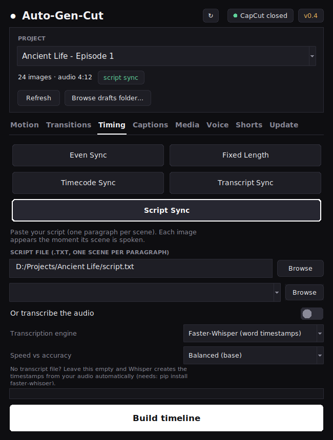 Timing tab with script sync selected