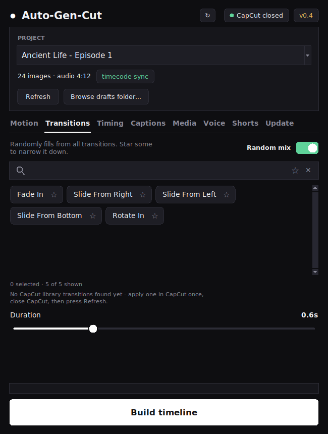 Transitions tab with random mix turned on