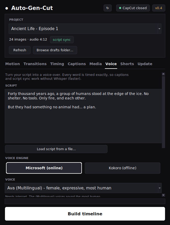 Voice tab with a script and a voice selected