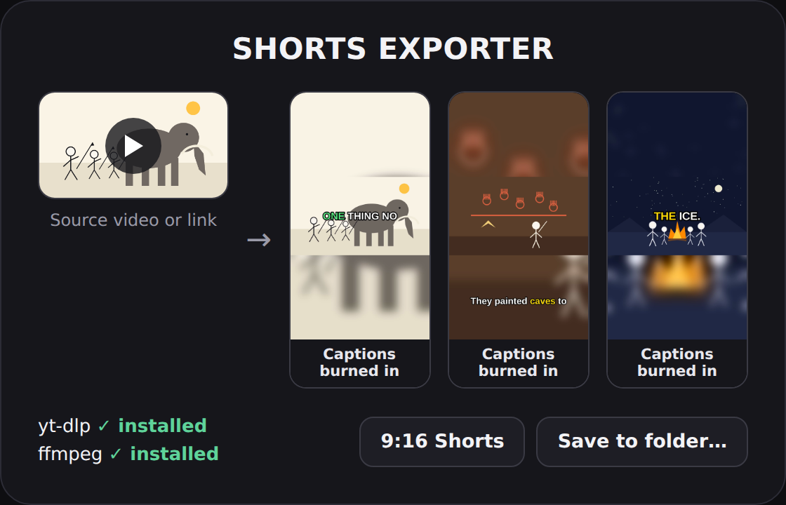 Shorts exporter: a source video becomes vertical clips with burned-in captions