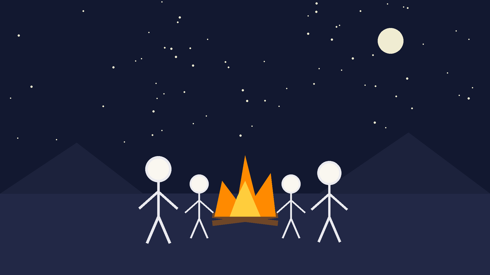 Stickman group around a campfire at night