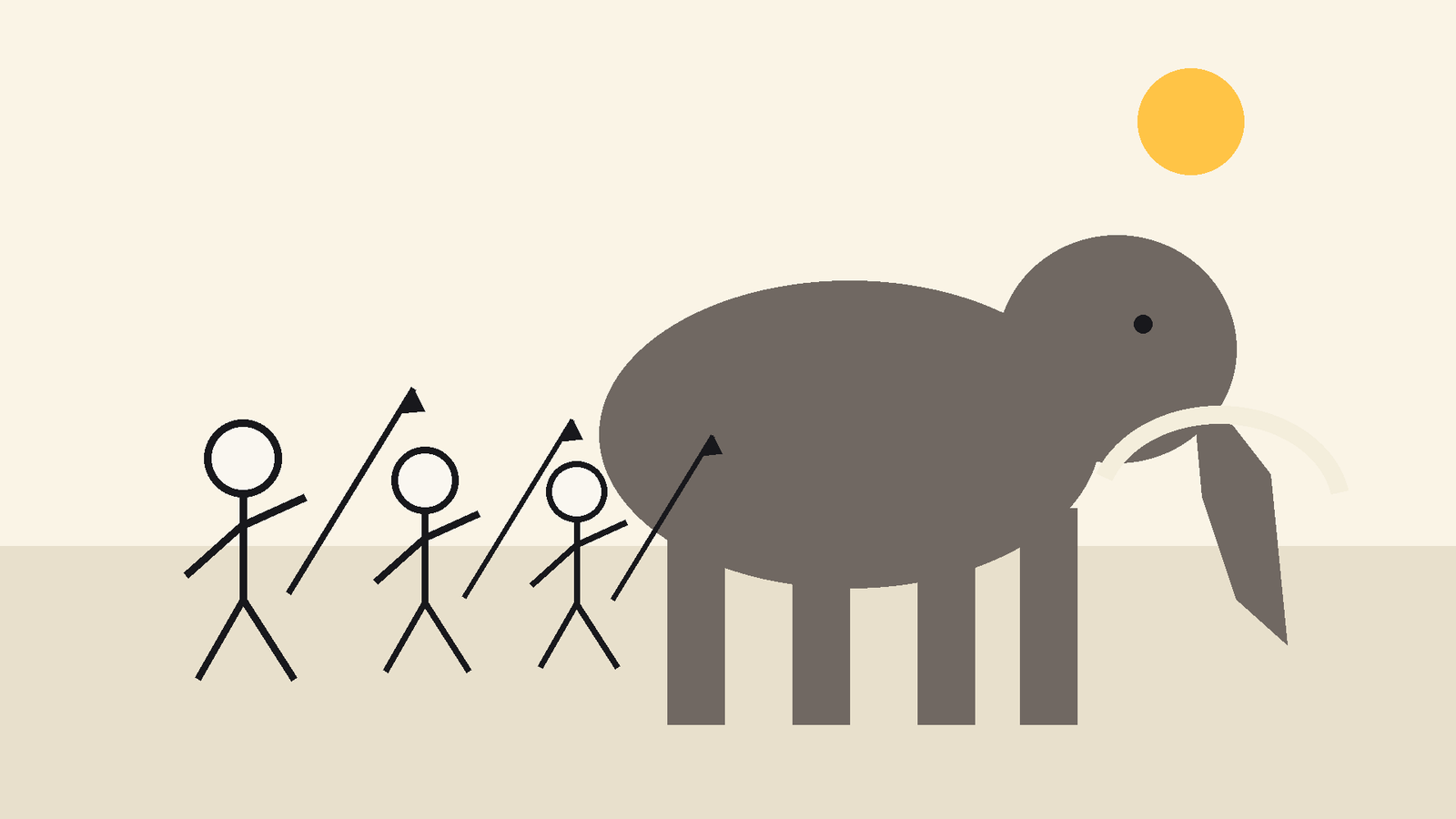 Stickman hunters with spears facing a mammoth