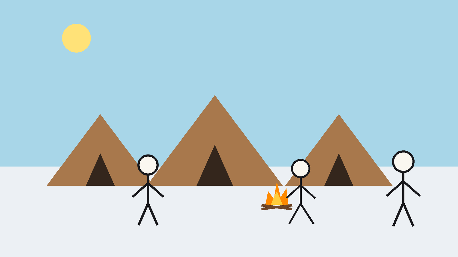 Stickman village of huts with a small fire