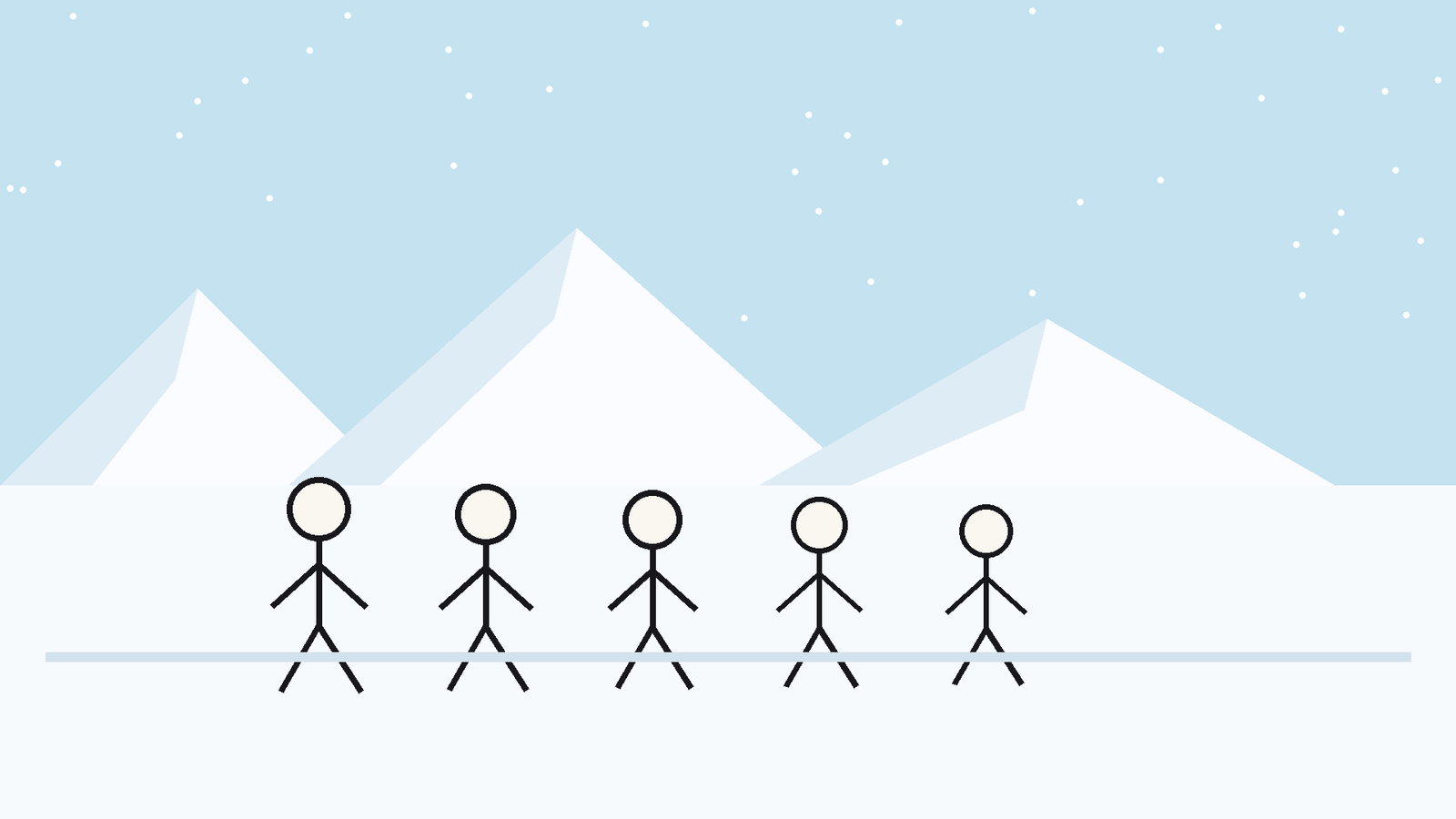 Stickman group walking across an icy landscape